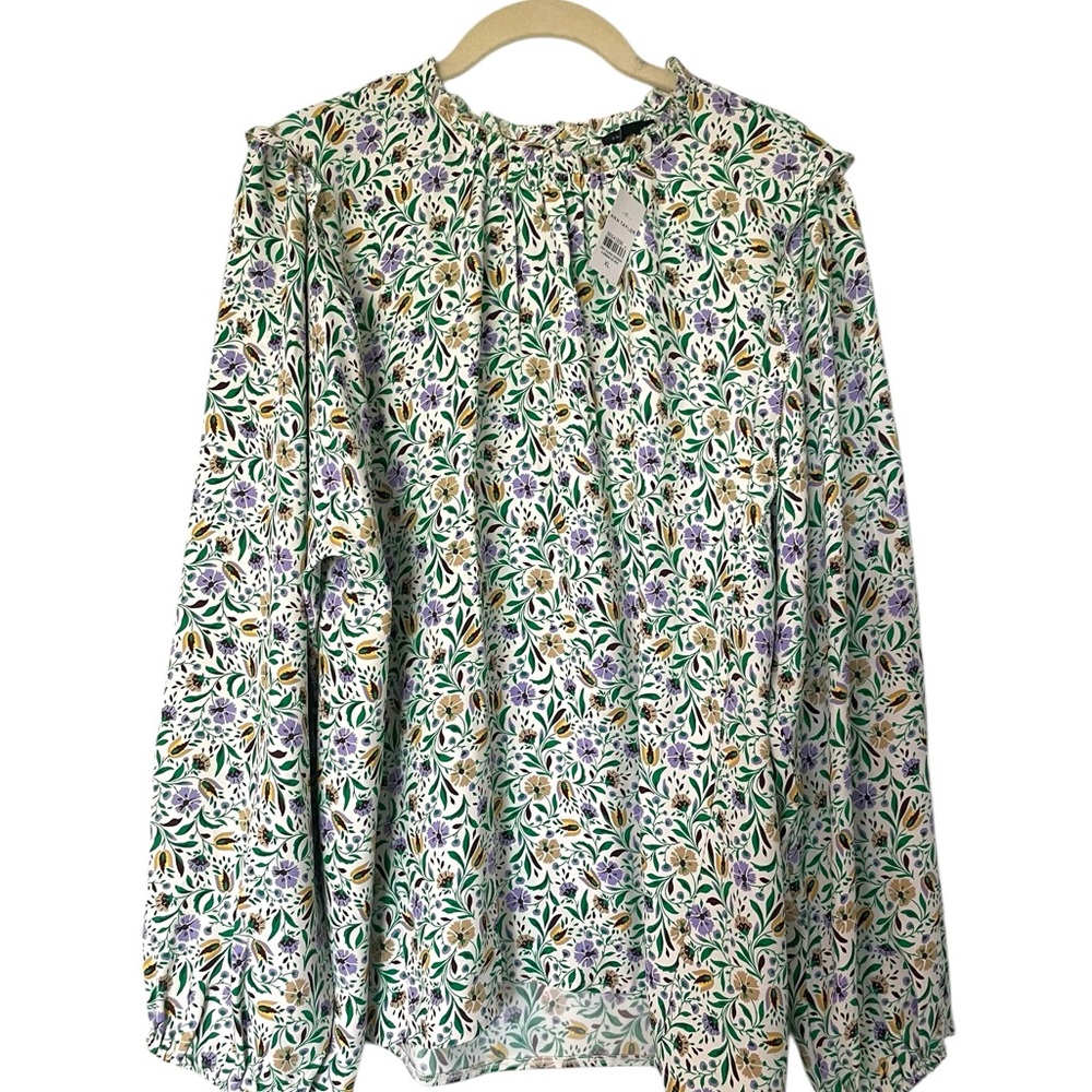 Ann Taylor Green Grass Floral Ruffled Blouse, Peter Pan Collar, Size XL, NWT
